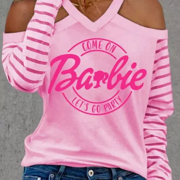 Barbie Come On Let's Go Party Pink Cold Shoulder Knit Top & Earrings Womens Size - Picture 3 of 14